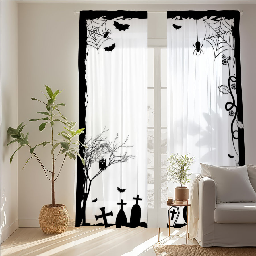 2PCS Digital Print Sheer Curta - огляд і ціна Spider Web Halloween Decoration